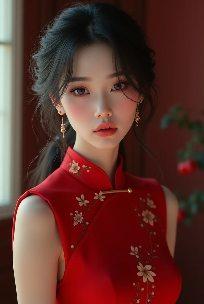 Ultra-high resolution, Clear face, （Reality： 1.4）, perfect lighting,(photorealistic), anime wallpaper, Guviz style artwork, fantasy to magic cover, beautiful artwork illustration, beautiful digital artwork, beautiful digital illustration , beautiful portraits, illustrations, delicate and beautiful, highly detailed, fine details, official art, highly detailed unity 8k CG wallpapers, highly detailed, high resolution, highly detailed, highly detailed eyes and faces, beautifully detailed eyes, cinematic lighting, 25 year old woman,1girl, solo, long hair, black hair, hair ornament, Chinese dress, black dress, cheongsam ,absudres, standing, (upper body), photo realistic:1.5,