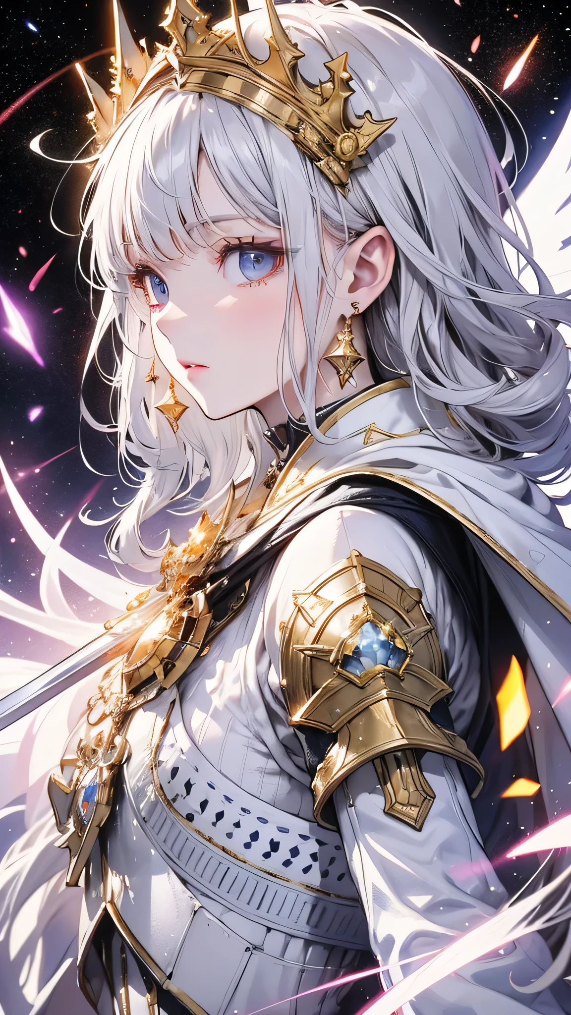 Shiny white armor with attention to detail, Detailed white helmet, A large white sword with great detail, Mysterious golden jewel in the armor, Whitehall in space background, White Aura, White Neon Light