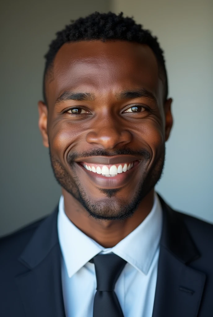 Create an image of a profesional light black man around 35 years old, with low cut hair . with a smile face look professional for freelance job wearing shirt and suilt