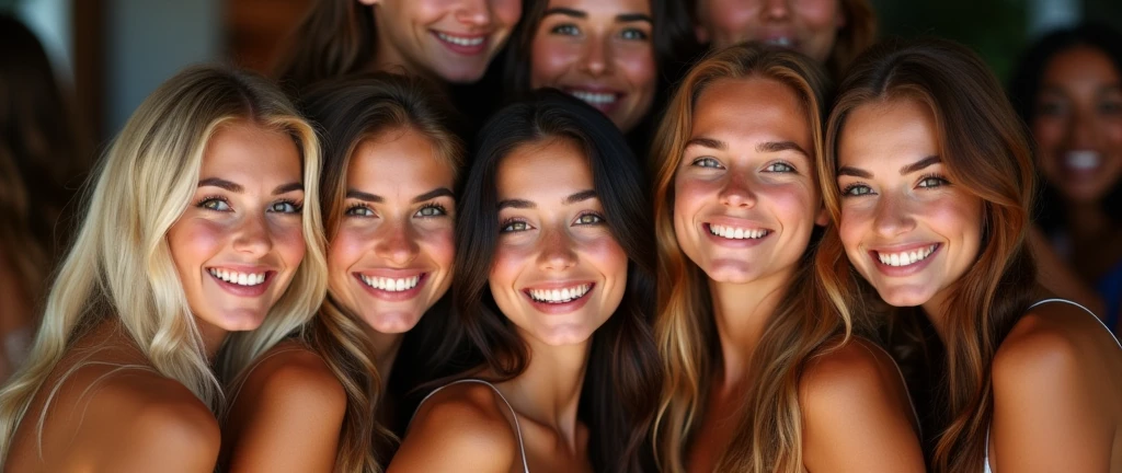 Group portrait of beautiful girls, blondes, brunettes, redheads, super happy, partying, perfect faces, perfect eyes, crowded together
