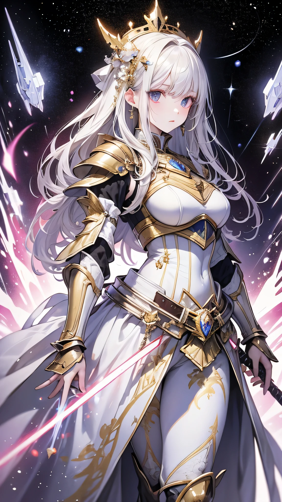 Shiny white armor with attention to detail, Detailed white helmet, A large white sword with great detail, Mysterious golden jewel in the armor, Whitehall in space background, White Aura, White Neon Light