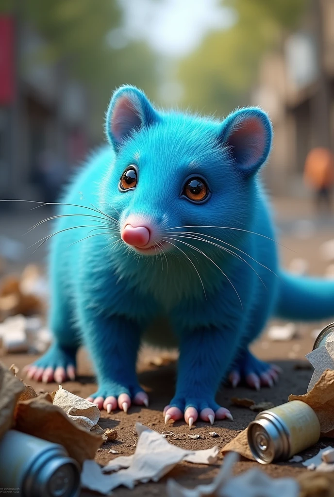 Blue opossum surrounded by trash at a university 