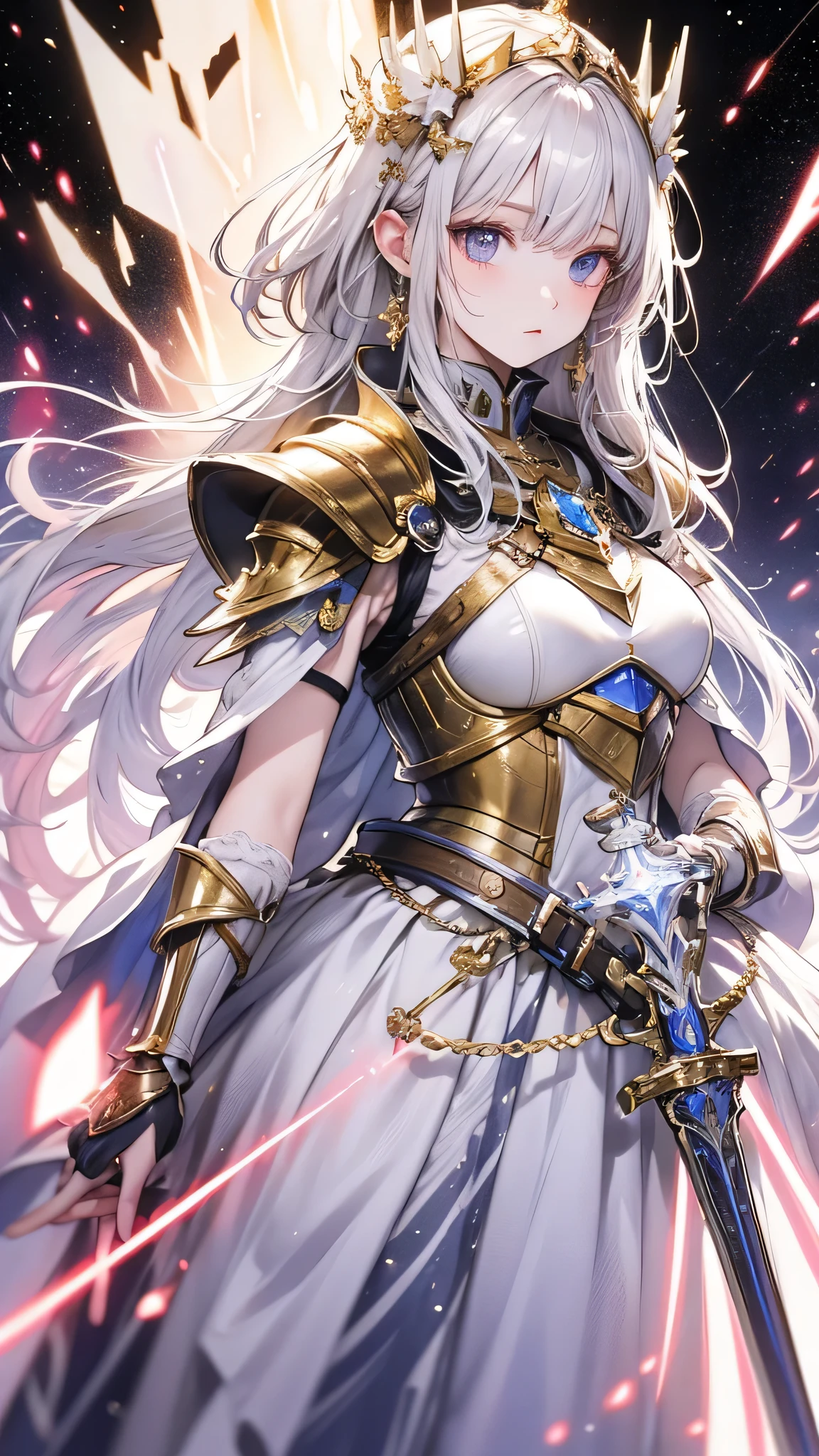 Shiny white armor with attention to detail, Detailed white helmet, A large white sword with great detail, Mysterious golden jewel in the armor, Whitehall in space background, White Aura, White Neon Light