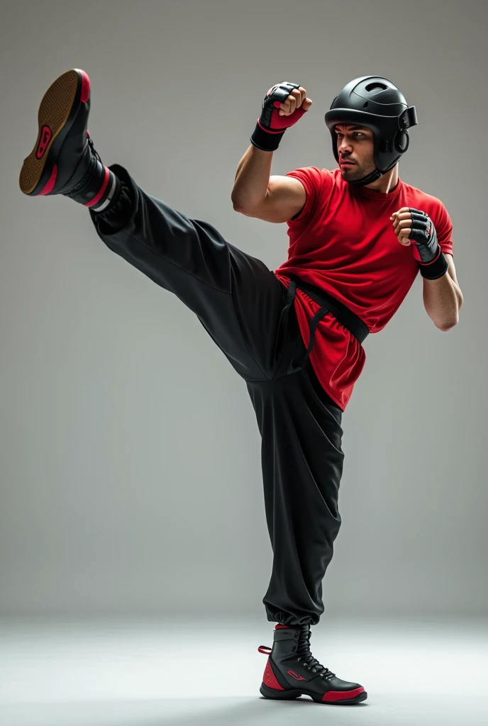 (photorealism:1.2), Man kicking high side with red shirt and black sport pants, with gloves on his hands, patera on his feet and helmet on his head.
