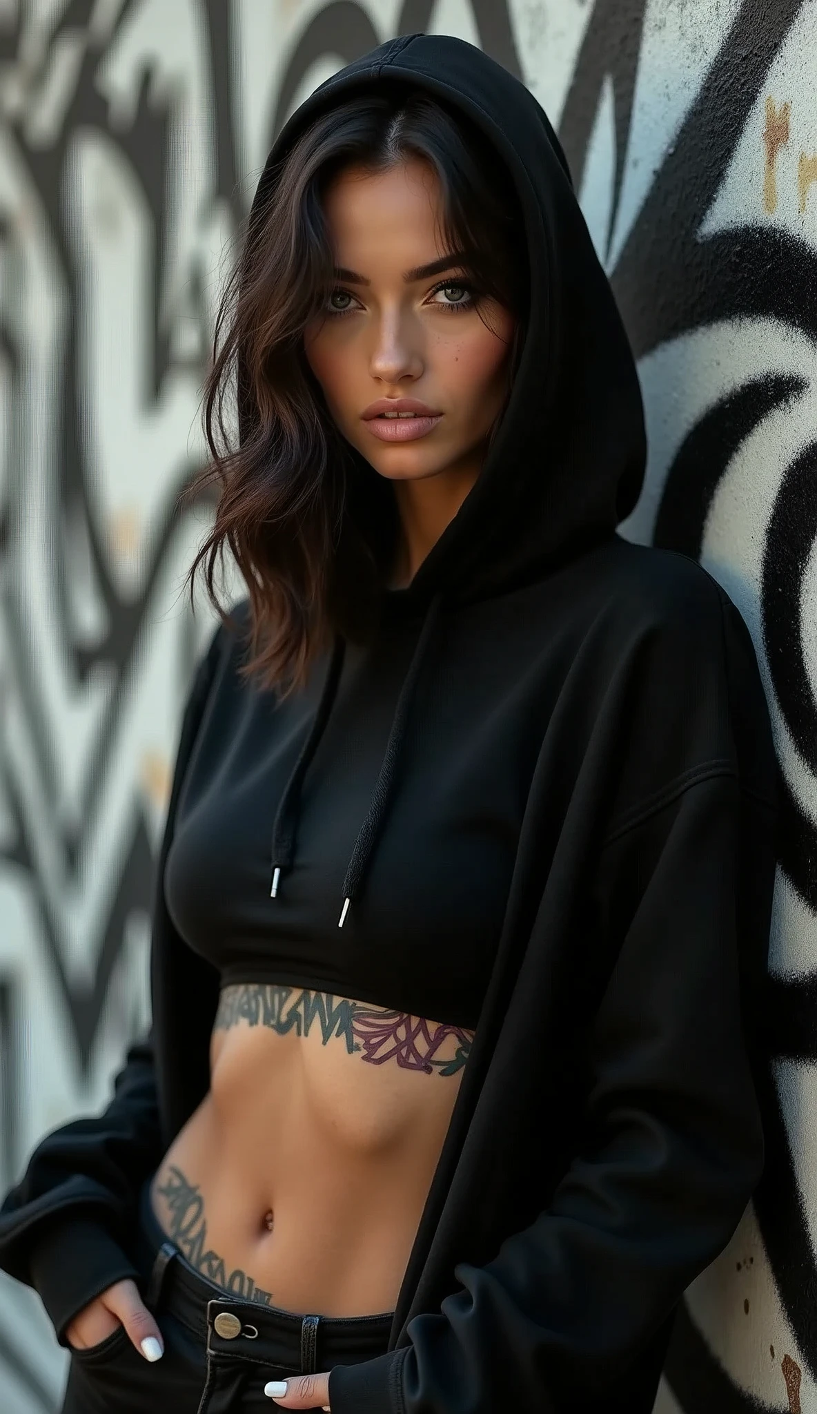 A captivating urban portrait of a confident woman standing against a graffiti-covered wall. She exudes street style and attitude, dressed in a sleek black hoodie partially revealing her toned midriff and tattooed waist. Her piercing eyes and perfectly contoured lips add to her fierce and alluring expression. The background is filled with intricate, monochromatic graffiti that contrasts with her polished appearance, creating a dynamic and edgy vibe. The soft lighting accentuates her smooth skin and the subtle shine of her hair, making her the central focus of the image.
(((urban street style portrait))), medium shot, soft lighting, low angle BREAK ((best quality:1.6)), ((high details:1.5)), ((highres:1.5)), ((4K:1.5)), ((smooth skin:1.3)), ((graffiti background:1.3)) BREAK inspired by the styles of Banksy | Artgerm | Greg Rutkowski | Pascal Blanche.