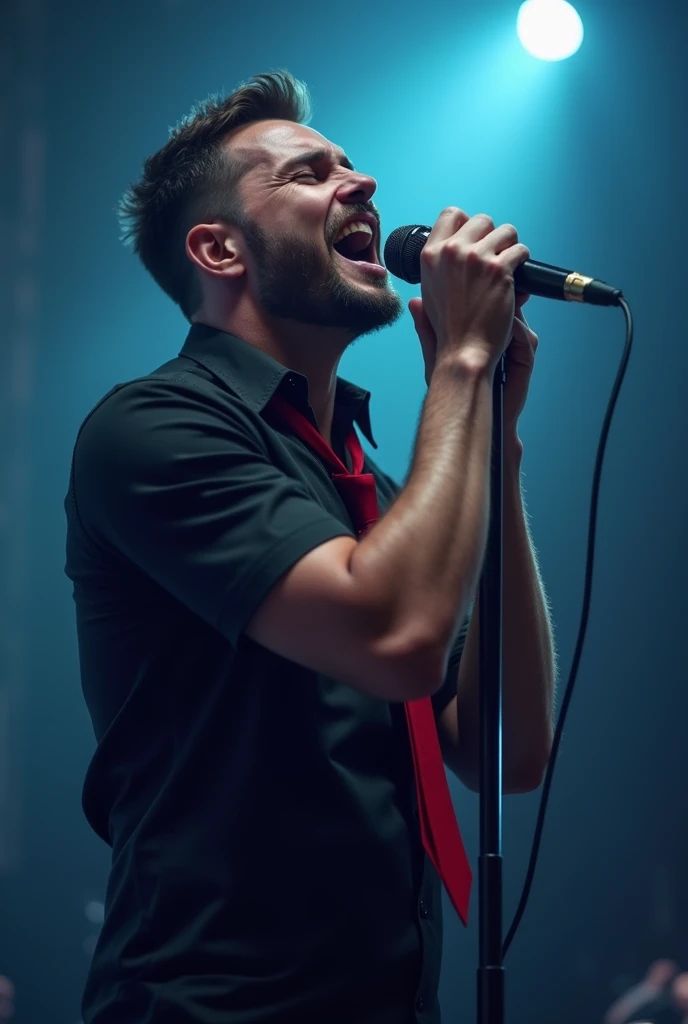 The atmosphere is cool、Hold the microphone、A side view of a man singing passionately with his eyes closed、He is wearing a short-sleeved black shirt and a red tie