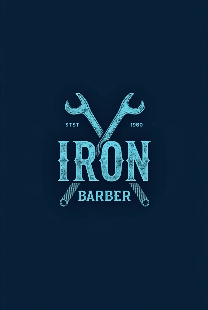 A blue logo with the words IRON BARBER together 