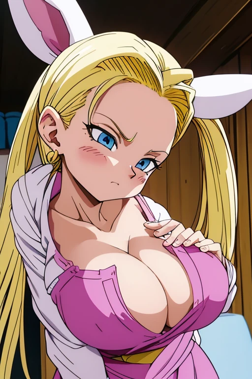 chest, Shortcuts, blue eyes, blonde, Bunny ears, Highest quality, blush, 大きなchest, , Anime Style, Android 18,大きなchest, Heavy breathing, Look closer, Twin tails, Accurate, High resolution, Attention to detail, Frowning, Tsundere, Earrings,whole body,Thighs
