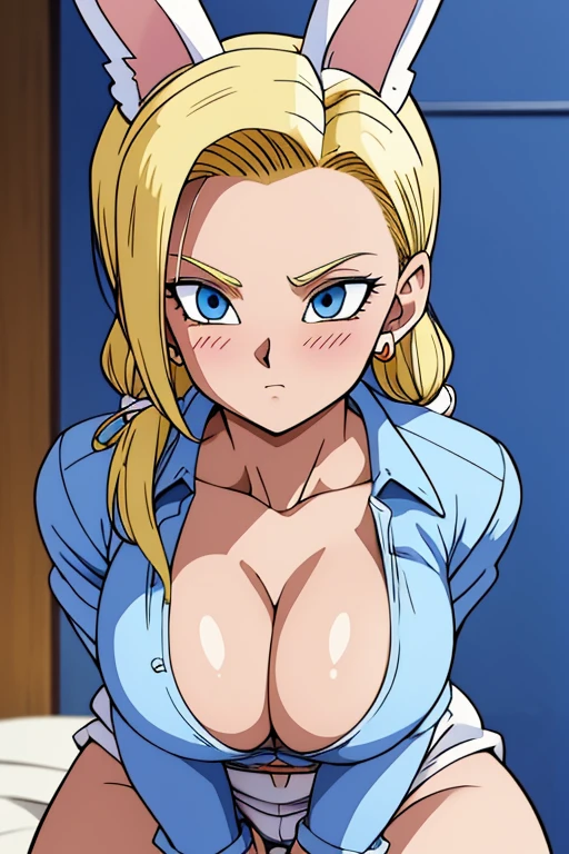 chest, Shortcuts, blue eyes, blonde, Bunny ears, Highest quality, blush, 大きなchest, , Anime Style, Android 18,大きなchest, Heavy breathing, Look closer, Twin tails, Accurate, High resolution, Attention to detail, Frowning, Tsundere, Earrings,whole body,Thighs
