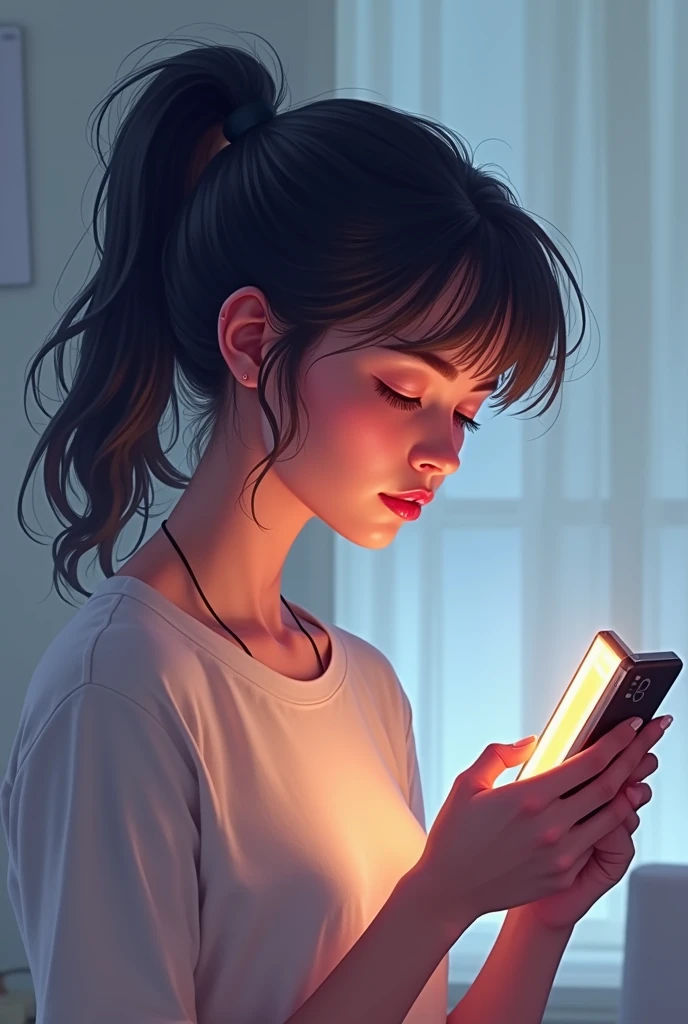 Une fille sur son téléphone sur l'application webtoon 
