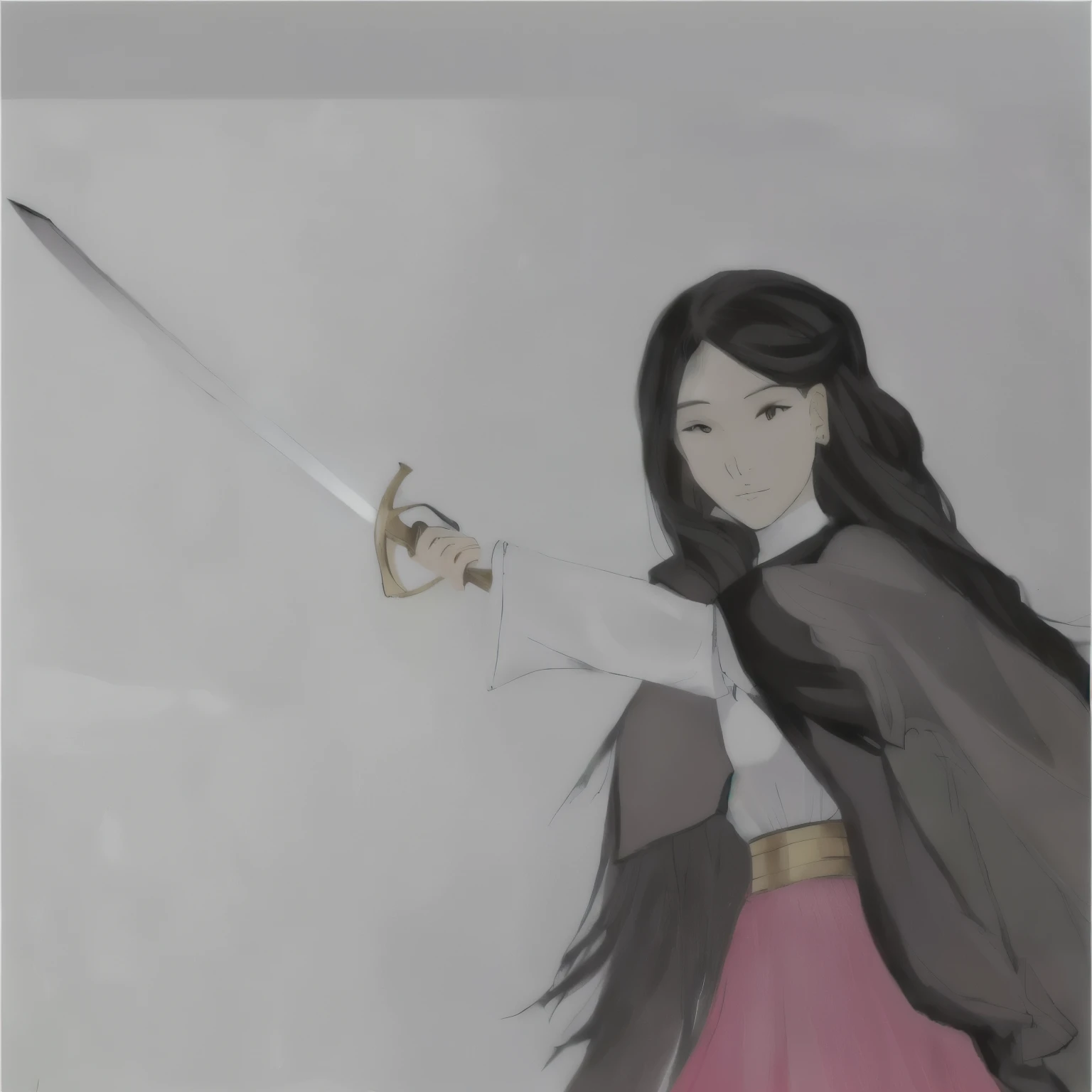 painting of a woman holding an epée in a pink skirt, wearing a torn black cape, she is holding an epée, holding an epée on her shoulder, long sword in hand, ela está holding an epée katana, inspired by Du Qiong, art admirer, while holding an epée, official art admirer, wielding a sword, holding an epée, an anime drawing, holding a longsword, colourful drawing