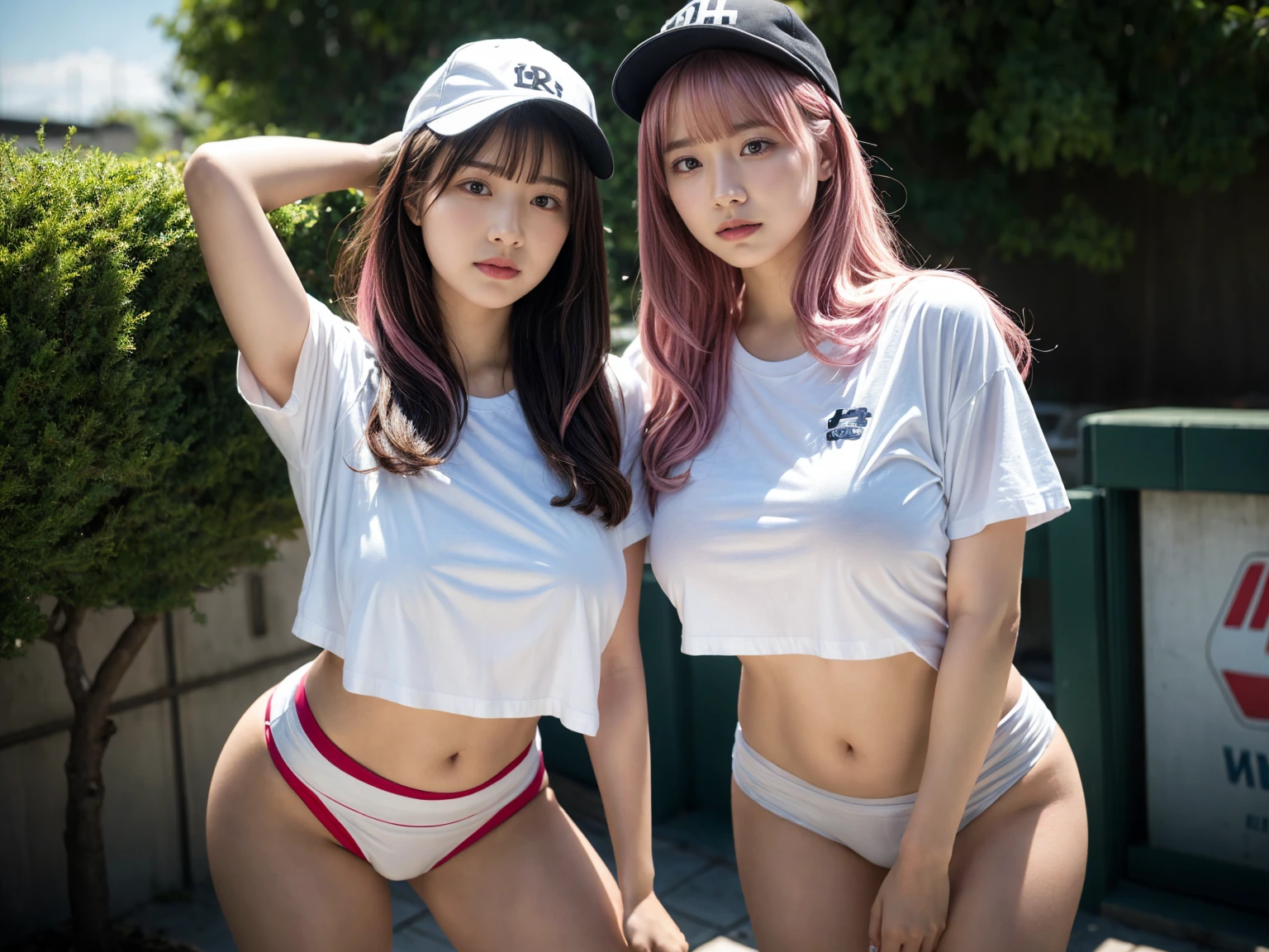 2 girls, 21yo girl,pink hair,long hair, wearing oversize white t-shirt, hot pants, wearing a baseball cap, natural big breast, show big thigh, plump body, single sidelock hairpin blush modern cinematic lighting,ray tracing,drop shadow wide shot UHD,textured skin,high details,best quality 4K, (from below:1.2), (realistic:1.1), (surreal:1.2), (very detailed:1.1)