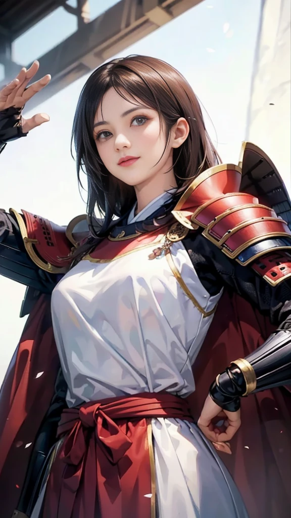 Beautiful woman with dark hair：1.3, Amazing character art, ((Knight Armor:1.3 )),((Pure white background)), (8k, RAW photo, best quality), Handsome，Beautiful female knight, 2. 5D CGI Anime Fantasy Artwork, Detailed digital art, Very nice work of art, Fan Art Best Art Station, (Red velvet long cape),(Stretch your open hand forward:1.3), (Hands on hips),(on stage:1.2),((From below)),Eyes looking into the distance,(A female general gives orders to her soldiers:1.3),Muscular,(samurai:1.2),dynamic,Confident,An inappropriate smile,Overbearing,samurai：1.2,Japan