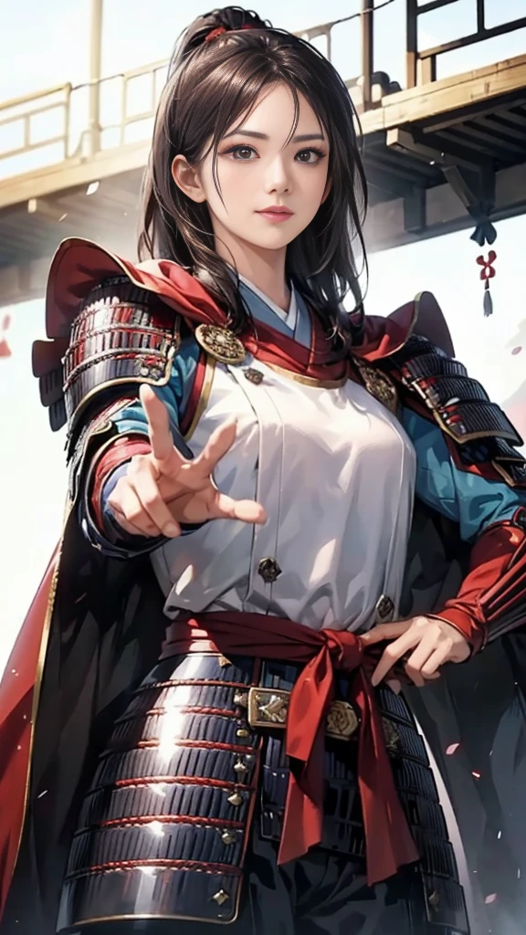 Beautiful woman with dark hair：1.3, Amazing character art, ((Knight Armor:1.3 )),((Pure white background)), (8k, RAW photo, best quality), Handsome，Beautiful female knight, 2. 5D CGI Anime Fantasy Artwork, Detailed digital art, Very nice work of art, Fan Art Best Art Station, (Red velvet long cape),(Stretch your open hand forward:1.3), (Hands on hips),(on stage:1.2),((From below)),Eyes looking into the distance,(A female general gives orders to her soldiers:1.3),Muscular,(samurai:1.2),dynamic,Confident,An inappropriate smile,Overbearing,samurai：1.2,Japan