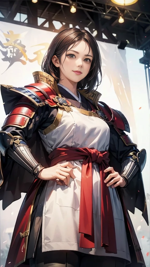 Beautiful woman with dark hair：1.3, Amazing character art, ((Knight Armor:1.3 )),((Pure white background)), (8k, RAW photo, best quality), Handsome，Beautiful female knight, 2. 5D CGI Anime Fantasy Artwork, Detailed digital art, Very nice work of art, Fan Art Best Art Station, (Red velvet long cape),(Stretch your open hand forward:1.3), (Hands on hips),(on stage:1.2),((From below)),Eyes looking into the distance,(A female general gives orders to her soldiers:1.3),Muscular,(samurai:1.2),dynamic,Confident,An inappropriate smile,Overbearing,samurai：1.2,Japan