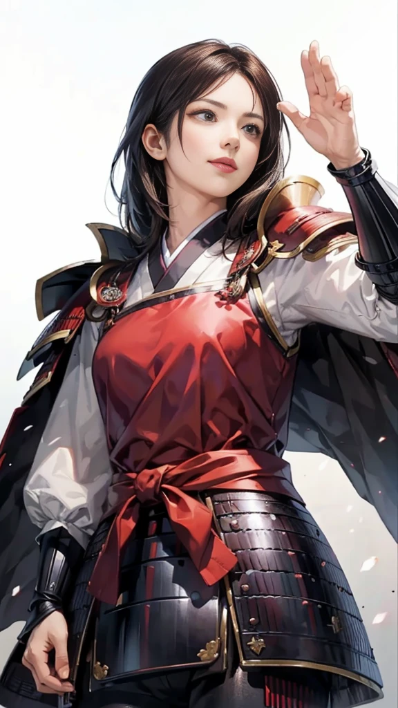 Beautiful woman with dark hair：1.3, Amazing character art, ((Knight Armor:1.3 )),((Pure white background)), (8k, RAW photo, best quality), Handsome，Beautiful female knight, 2. 5D CGI Anime Fantasy Artwork, Detailed digital art, Very nice work of art, Fan Art Best Art Station, (Red velvet long cape),(Stretch your open hand forward:1.3), (Hands on hips),(on stage:1.2),((From below)),Eyes looking into the distance,(A female general gives orders to her soldiers:1.3),Muscular,(samurai:1.2),dynamic,Confident,An inappropriate smile,Overbearing,samurai：1.2,Japan