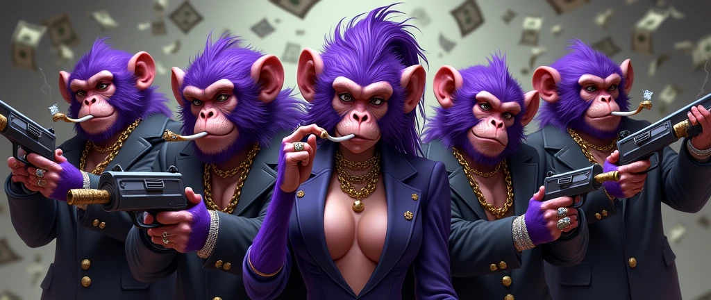 gang of purple monkeys with a female Simia in the middle , With giant and high-caliber weapons, with gangster SUIT with chains, tattooed, with huge diamond and gold rings, smoking with a pipe, the bottom full of dollars