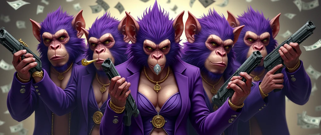 gang of purple monkeys with a female Simia in the middle , With giant and high-caliber weapons, with gangster SUIT with chains, tattooed, with huge diamond and gold rings, smoking with a pipe, the bottom full of dollars