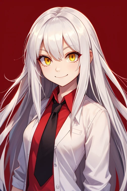  a woman in an outfit with long hair and white skin, solo, white hair, smile, black hair, red background, necktie, multicolored hair, looking at viewer, long hair, shirt, yellow eyes, red shirt