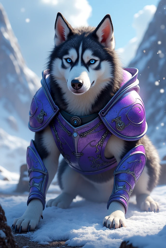 Give me an image of a Siberian husky warrior gladiator in the form of a normal dog with purple and blue armor