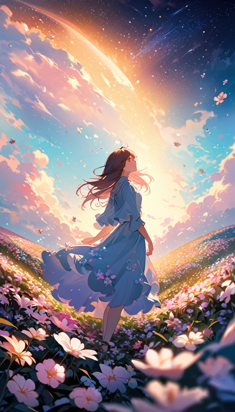 There is a girl standing in a flower field looking up at the sky, a girl standing in a flower field, a girl walking in a flower field, lost in a dreamy wonderland, standing in a flower field, fantastic digital painting, the sky gradually clears, the starry sky gradually recedes  