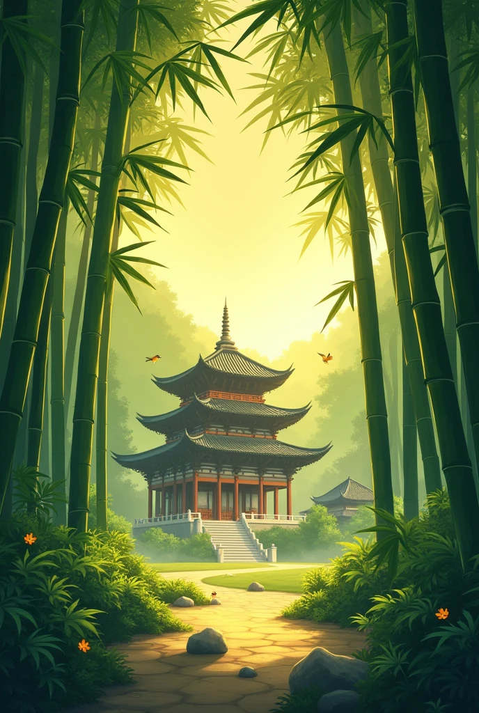 Create a bamboo forest with a temple in the background at dusk in an animated style