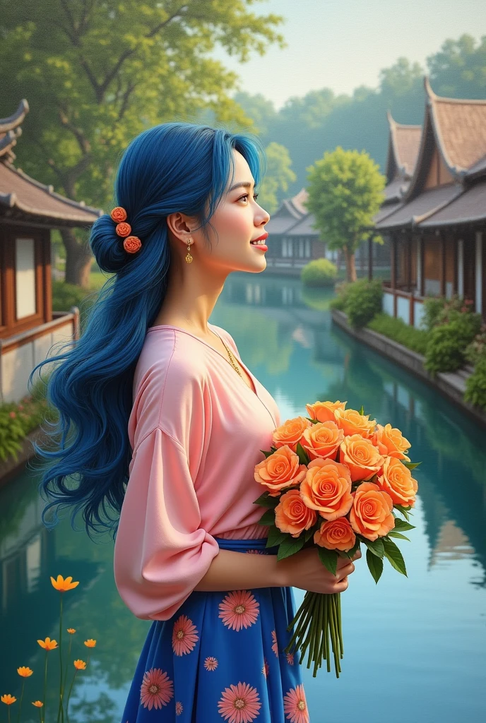 full lenght The beauty of the morning. A beautiful young woman with blue hair. Long, flowing blue hair tied up halfway. Wearing a sweet pink shirt. Wearing a blue skirt with a pink flower pattern. Holding a beautiful bouquet of orange roses. Smiling at the morning sunlight. Scene of a Thai house by the river. Scene of a beautiful Thai house by the river. Oil painting. Oil painting. Three-dimensional painting. Art painting. Professor Chalerm