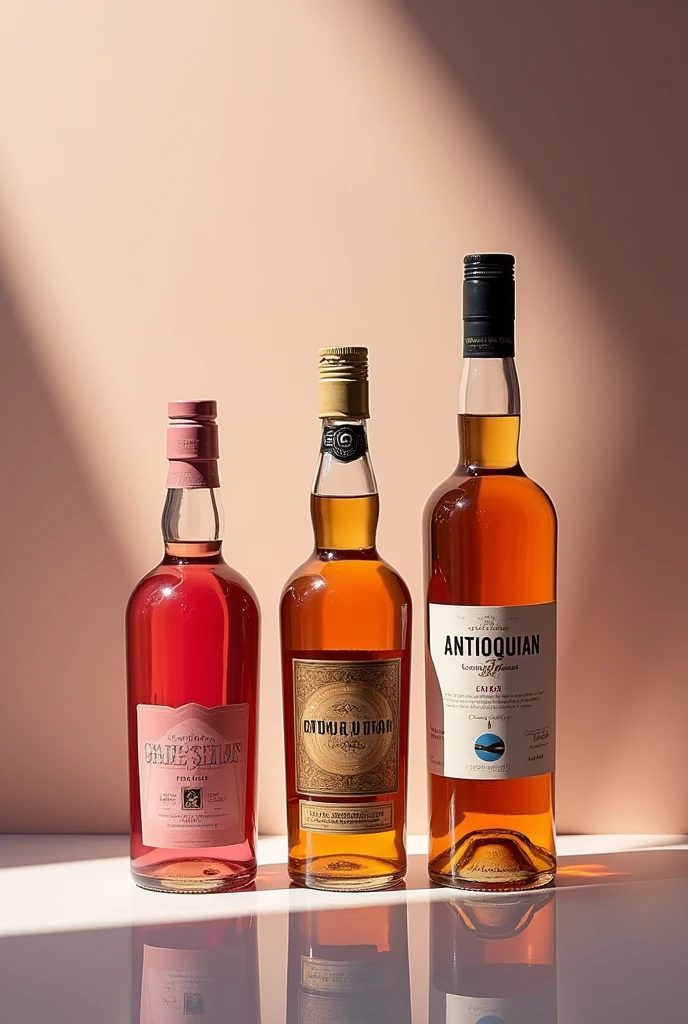 Create a photo where there are three bottles of brandy. The first would be pink brandy. The second would be Antioquian. The third would be yellow brandy. 
