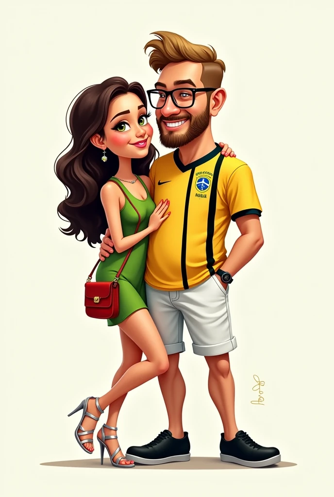 A cartoon or caricature drawing of a couple. The boy has a square face and does not have a thin chin., big forehead, It's blond, He has straight, short hair, shorty, no quiff with the bangs combed to the side, Okay. His hair is not frizzy. Eleusa light brown beard, short and mustache, and has light brown eyes. He wears rectangular glasses with black frames and smiles. He doesn't wear earrings. He wears white denim shorts that cover his knees. He wears a jersey of the Rio de Janeiro football team Botafogo which has vertical black and white stripes and the team crest on the left chest.. The team's crest is a black shield with a white five-pointed star in the middle.. He wears black low-top sneakers with a white stripe on the sole.. He doesn't wear socks. He wears a black leather chain around his neck with a silver pendant. His right hand is in his shorts pocket and his left hand is on his girlfriend's waist. ella, A sua volta, has dark brown slightly wavy very long hair, almost at the waist, green eyes and thick eyebrows. ella veste um vestido verde limão só um pouquinho acima dos joelhos, a small red bag and silver sandals. The sandal has thin straps crossed at the front and has a 4cm thin high heel. ella está de lado, with one knee bent at 90 degrees with the foot back. ella está apoiando as mãos no ombro do namorado, while he holds her waist.