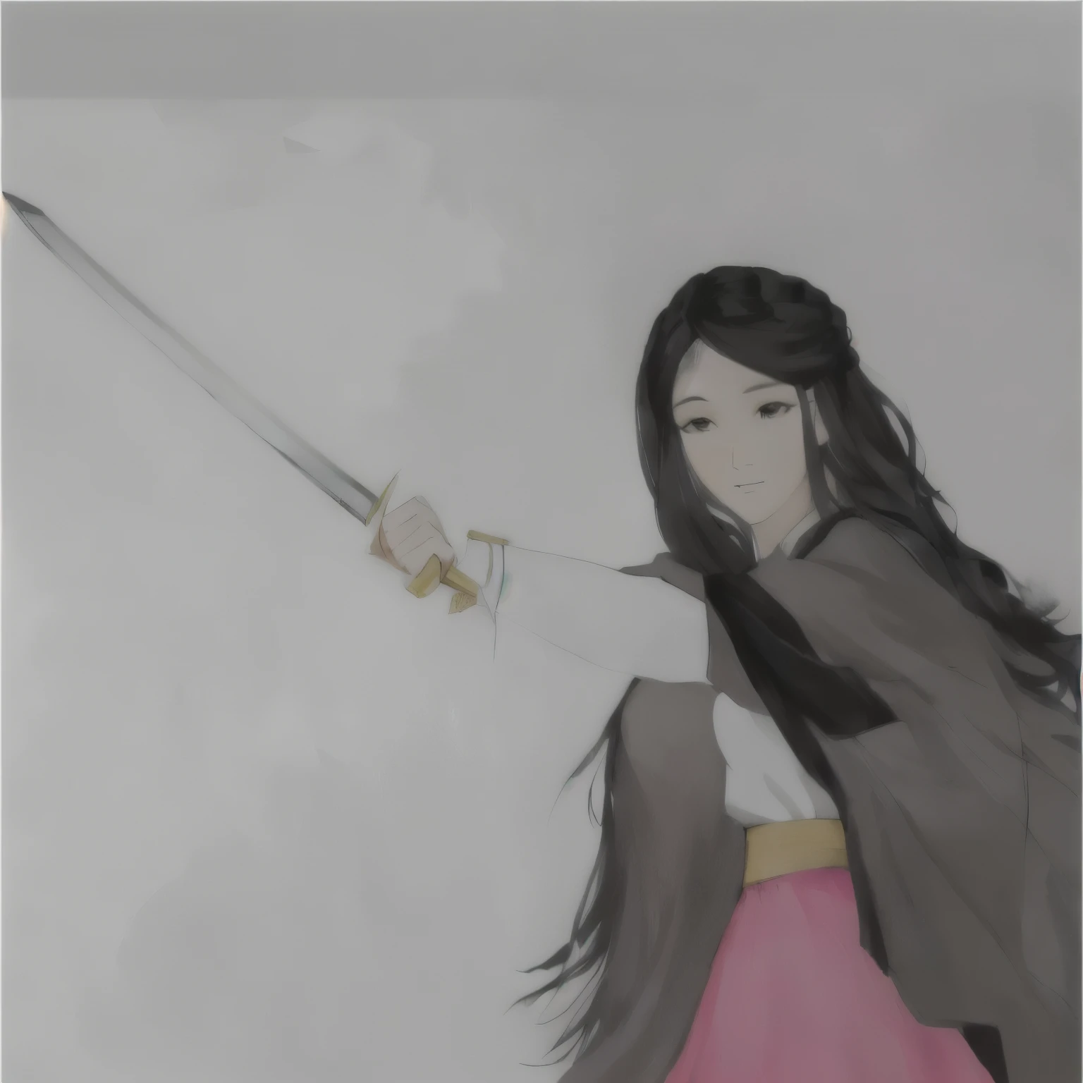painting of a woman holding an epée in a pink skirt, wearing a torn black cape, she is holding an epée, holding an epée on her shoulder, long sword in hand, ela está holding an epée katana, inspired by Du Qiong, art admirer, while holding an epée, official art admirer, wielding a sword, holding an epée, an anime drawing, holding a longsword, colourful drawing