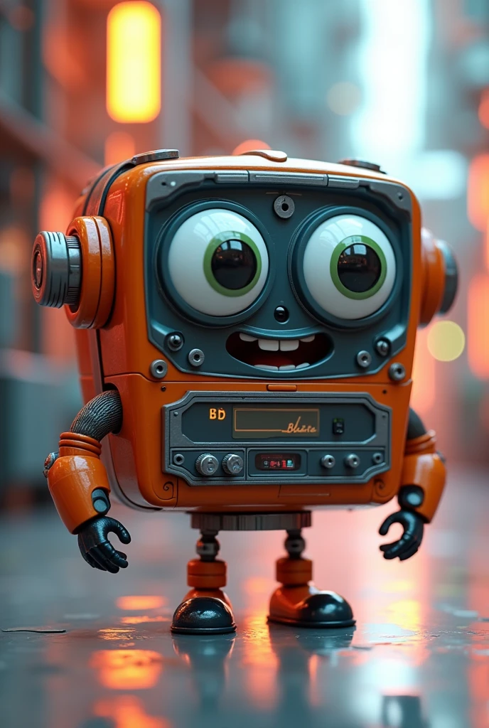 An animated tape player, with eyes and a smile and thin arms, 3D Printing