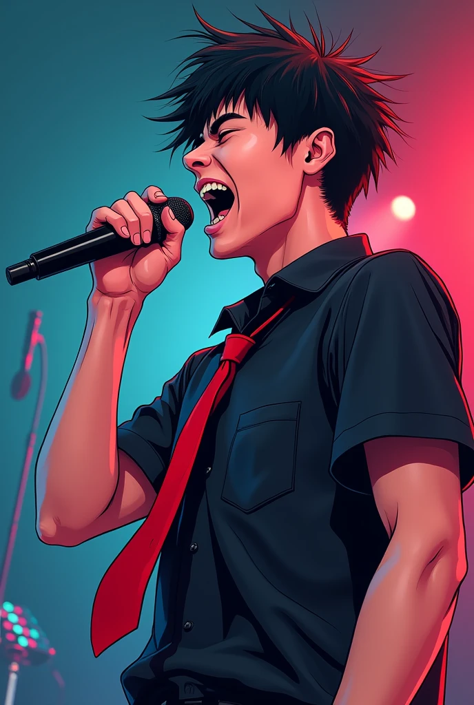 The atmosphere is cool and manga-like、Hold the microphone、A side view of a man singing passionately with his eyes closed、He is wearing a short-sleeved black shirt and a red tie