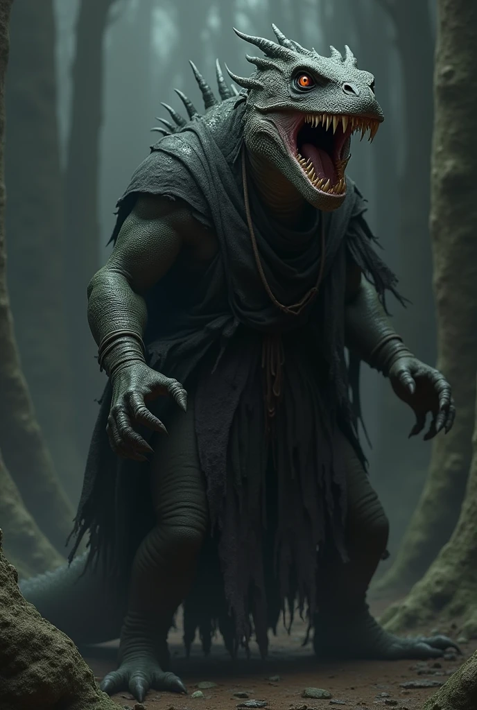 A demon with the body of a lizard , with fangs and a dark tunic