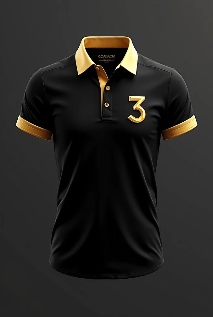 Create a black shirt with a gold collar and sleeves, On the left side of the chest, a symbol of a 3