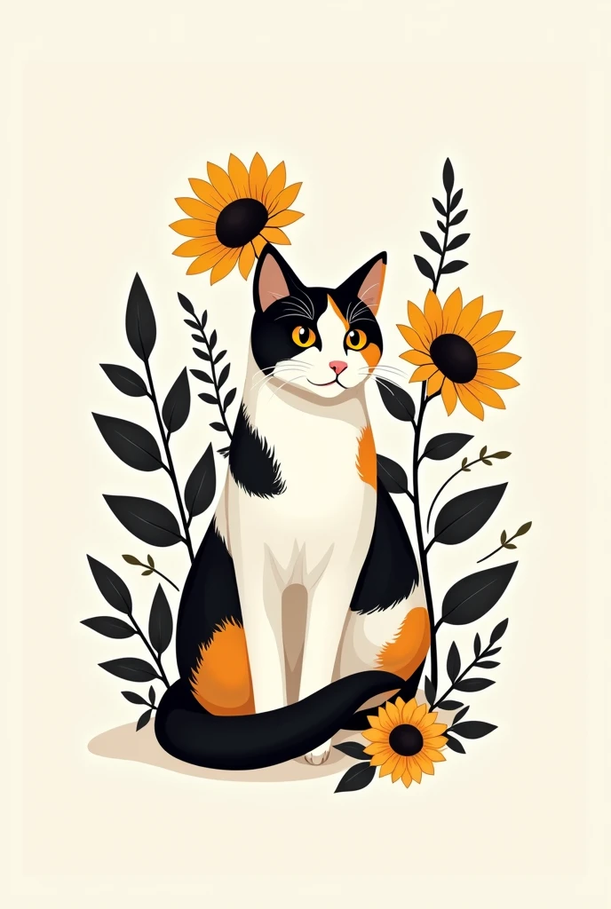 Calico cat tattoo design, with only the black nose sunflowers and tree leaves in the background
