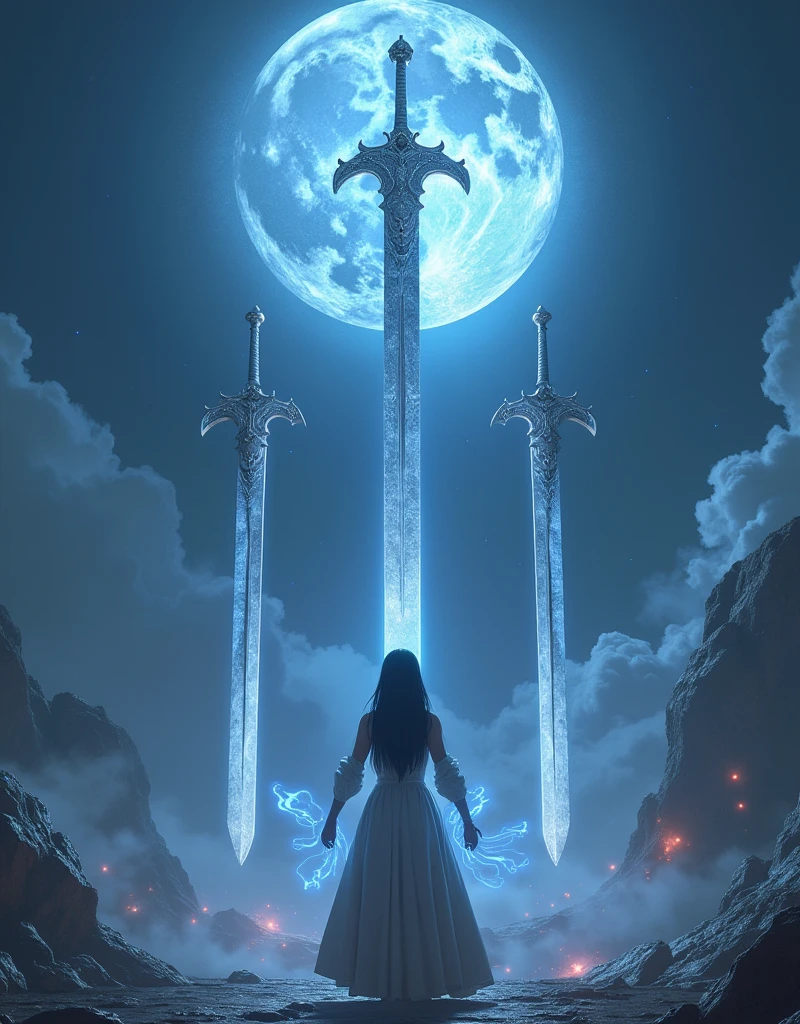 (Three colossal greatswords, twice the size of a human, created by magic.:1.5)、(The enormous sword is floating overhead, tilted by the power of magic.:1.5)、(The greatsword is manipulated with magic without direct contact:1.5)、(Perfect Anatomy:1.3)、gloves、Correct fingers、magic circle、View your viewers、(Beautiful Eyes)、Beautiful and well-proportioned face、Angle from below、One woman、18-year-old、Ancient magic city、(Beautiful Magic Warrior)、Black Hair、(Ultra-sheer outfit)、(Super hourglass body type:1.2)、magical realism、A confident smile、disaster々A bright moon is rising.、(RAW Photos)、(Realistic)、(Super detailed)、(High resolution:1.2)、(masterpiece)、(Highest quality)、(8k)、(Ultra-Details)