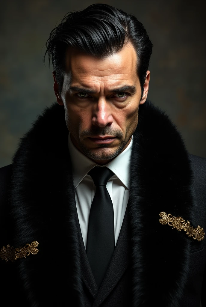 Book cover with the face of a man with green eyes ,black hair , A mafioso wearing a black fur scarf with gold decorations on the sides.
