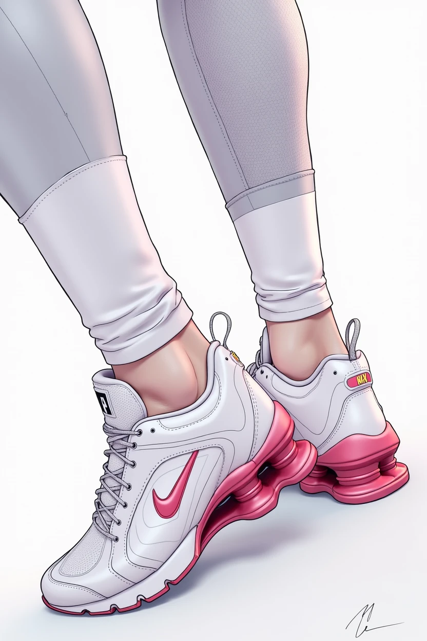 ((best quality)), ((Artwork)), (detailded), Create a full body image, German, blond, hair to the shoulders, blue colored eyes, wearing white gym leggings, leggings e Nike shox NZ branco e rosa. She is wearing a shirt that shows her stomach and a belly button piercing..