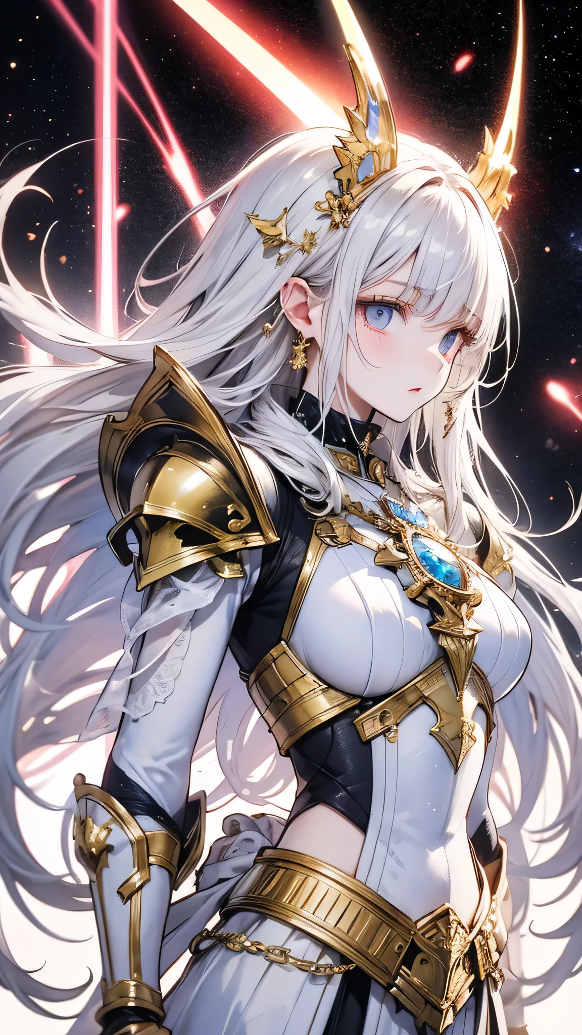 Shiny white armor with attention to detail, Detailed white helmet, A large white sword with great detail, Mysterious golden jewel in the armor, Whitehall in space background, White Aura, White Neon Light
