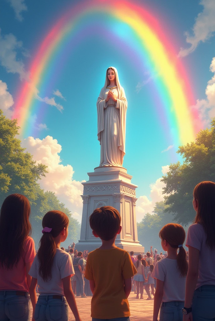 (The children watch in wonder as a rainbow appears in the sky, creating a magical aura around the statue of the Virgin of the Rosary.) All this happens in the central square