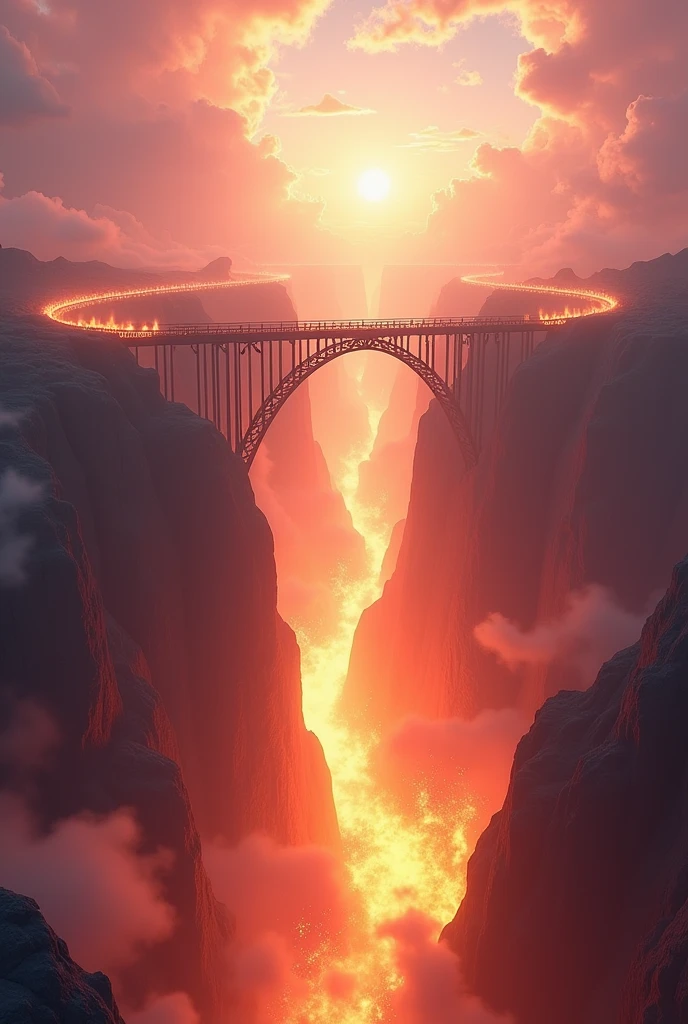 Create a 3D image, with a long bridge, with fire below, sky on the side, with bright white light shining in front