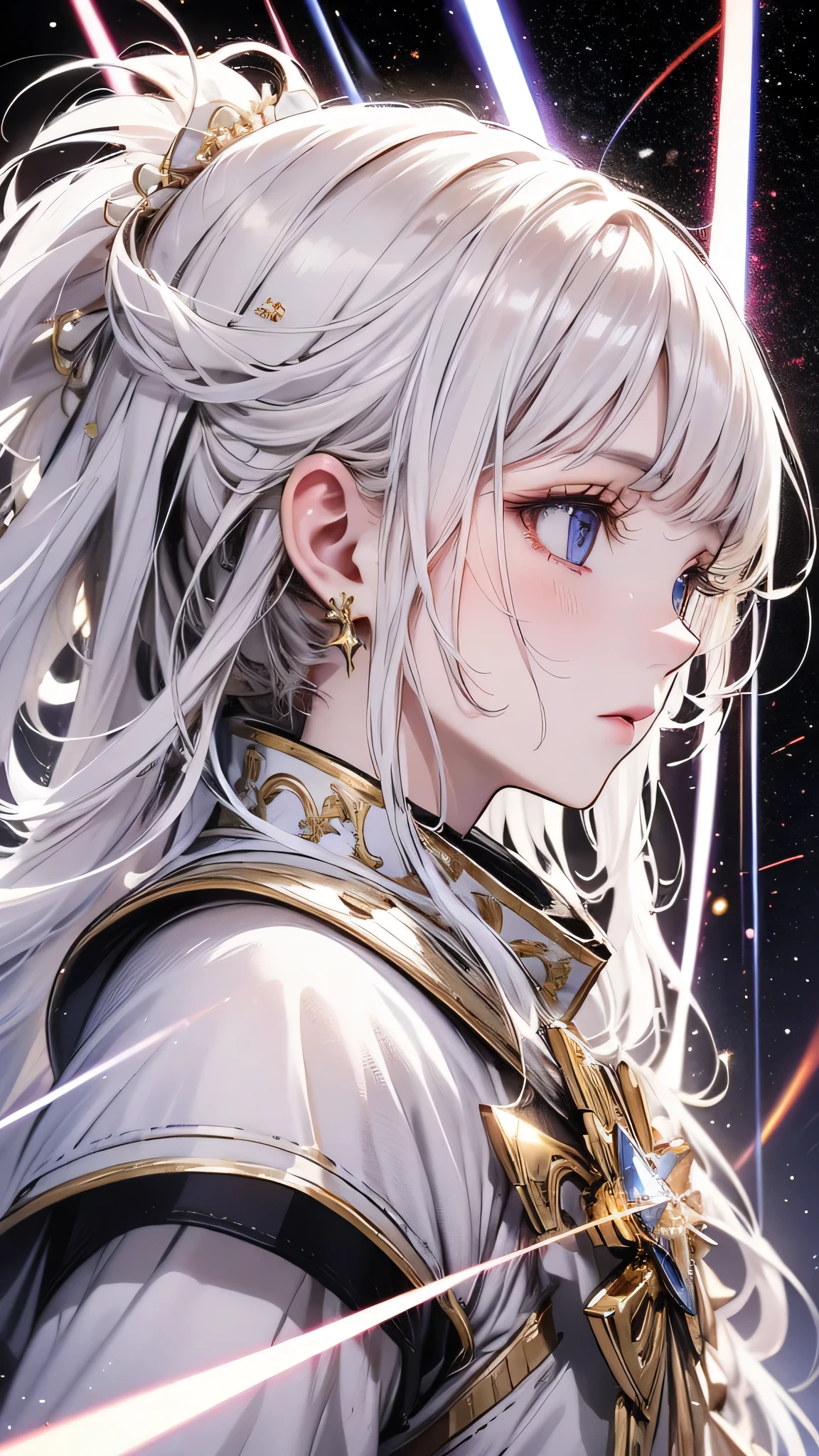 Shiny white armor with attention to detail, Detailed white helmet, A large white sword with great detail, Mysterious golden jewel in the armor, Whitehall in space background, White Aura, White Neon Light