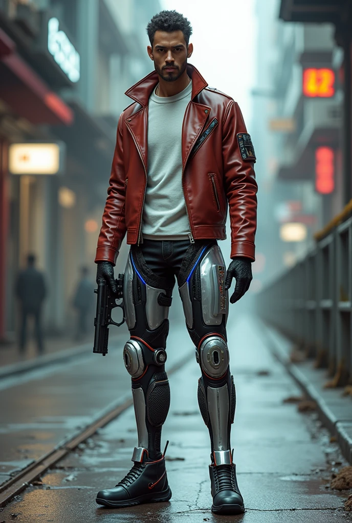 A male character in the cyberpunk style with two cybernetic legs with a thruster on each heel while holding a Glock in his hand. He will be wearing a reddish brown leather jacket and a white regata underneath.. He will be about 1,70m and will have an average physique. Your legs will be entirely mechanical, fibrous and robust, possessing nanotechnology and some neon lines. Your face has a calm expression, that conveys tranquility.