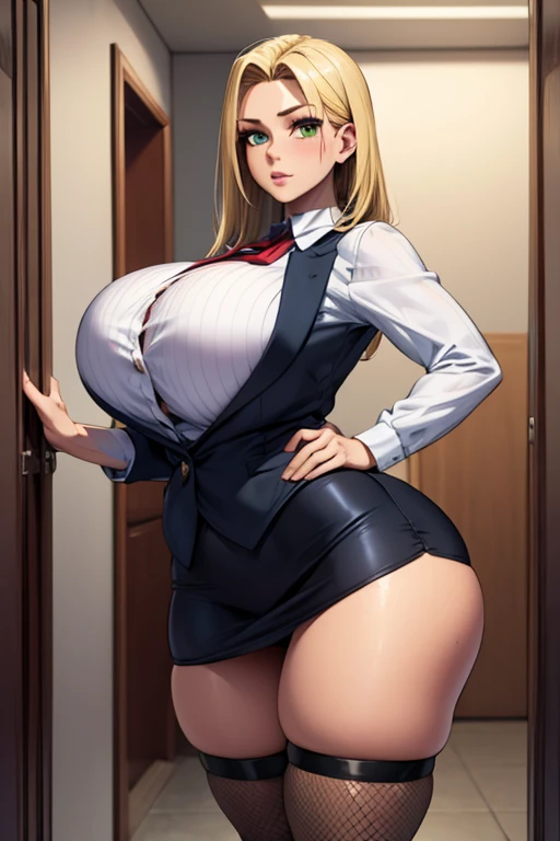 Super-detailed, 8k HD, 3d art style, Zeri, 1 girl, solo, mature, beautiful and detailed face, detailed hand, blond hair, green eye, slender hips, thick thighs, huge and droopy breast, huge round ass, black office suit and mini skirt, long cravat , fishnet thigh high stocking, expressionless, standing in the hallway waiting for the viewer