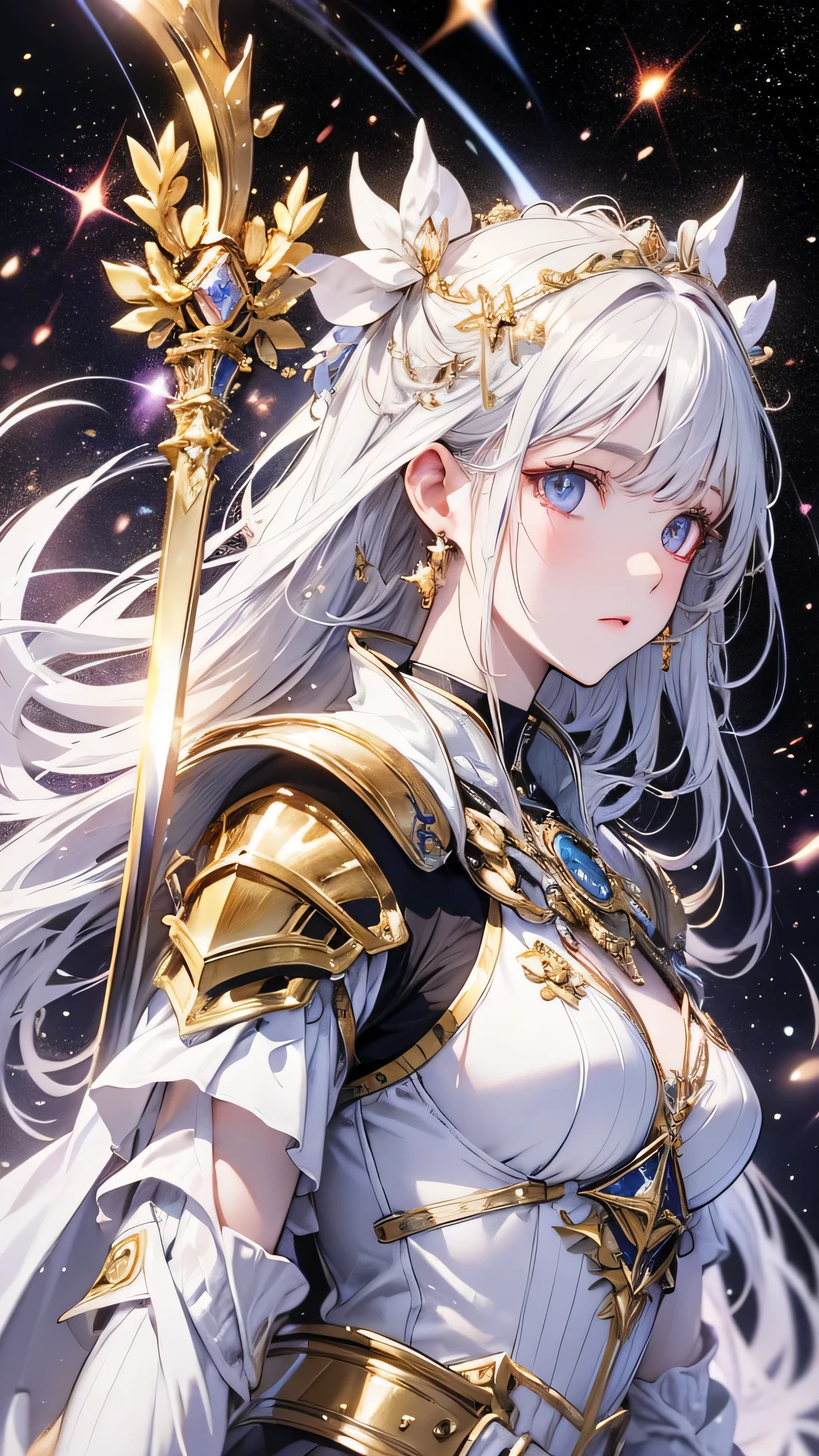 Shiny white armor with attention to detail, Detailed white helmet, A large white sword with great detail, Mysterious golden jewel in the armor, Whitehall in space background, White Aura, White Neon Light