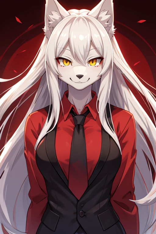 a anime depiction of a woman in an outfit with long hair and white skin, solo, furry, wolf, white hair, smile, black hair, red background, necktie, multicolored hair, looking at viewer, long hair, shirt, yellow eyes, red shirt