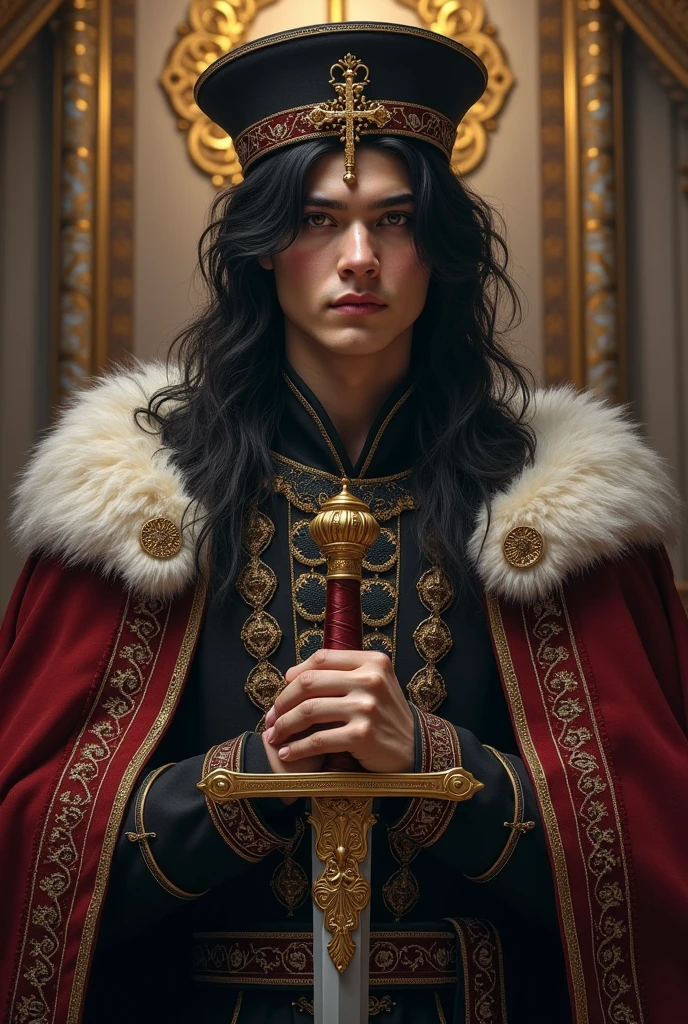 A guy in his early twenties with long black hair, wearing a stylish hat with a cross hanging from it., King's attire next to his sword with a golden hilt