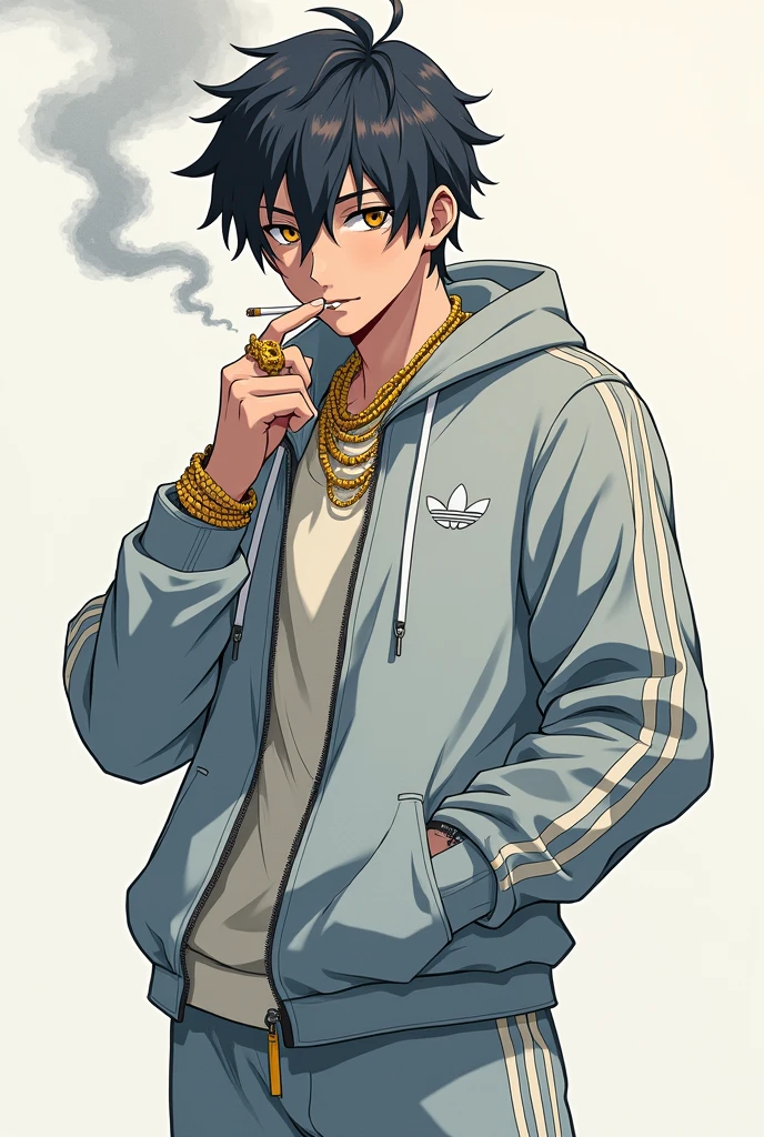 saiki kusuo wearing adidas style sportswear, with chains and gold rings smoking