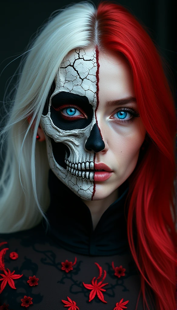 Woman face wearing ON half Side of her face a skull mask,Long Hair in the Wind, fire red Strands of Hair,cartoon,black Background ,Pop Art stil