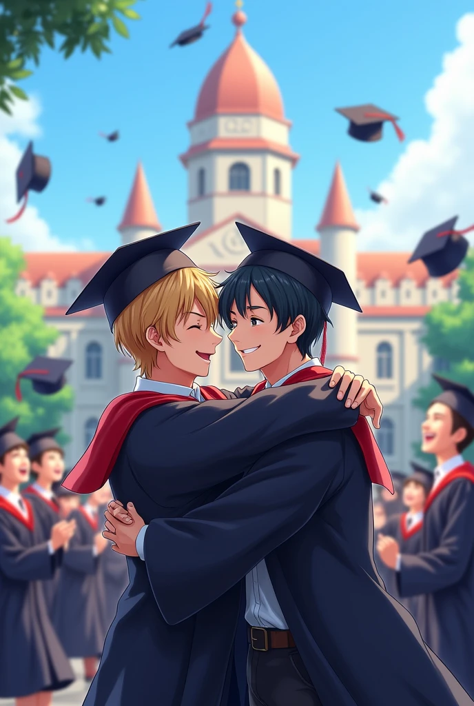 Arthur and Cain on their graduation day, Dressed in gowns and caps, hugging tightly and smiling radiantly. Behind them, The main building of Kazan University and other graduates throwing their caps in the air in celebration, a style somewhere between anime and semi-realism.